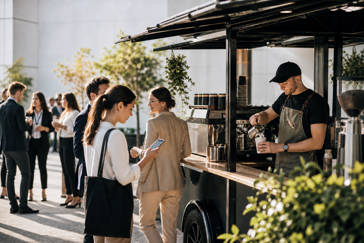 A busy outdoor coffee cart serving guests while one guest orders from a phone and a barista calmly prepares drinks.